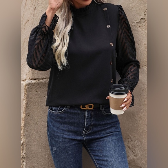 Mock Neck Flounce Sleeve Blouse - Picture 3 of 5